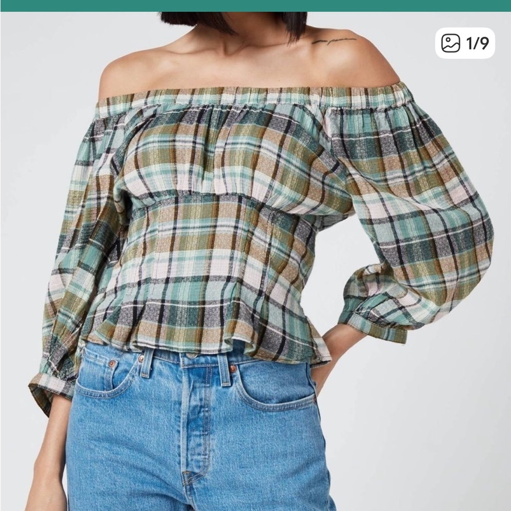 Free People Women's Teagan Plaid Puff Sleeve Size Large